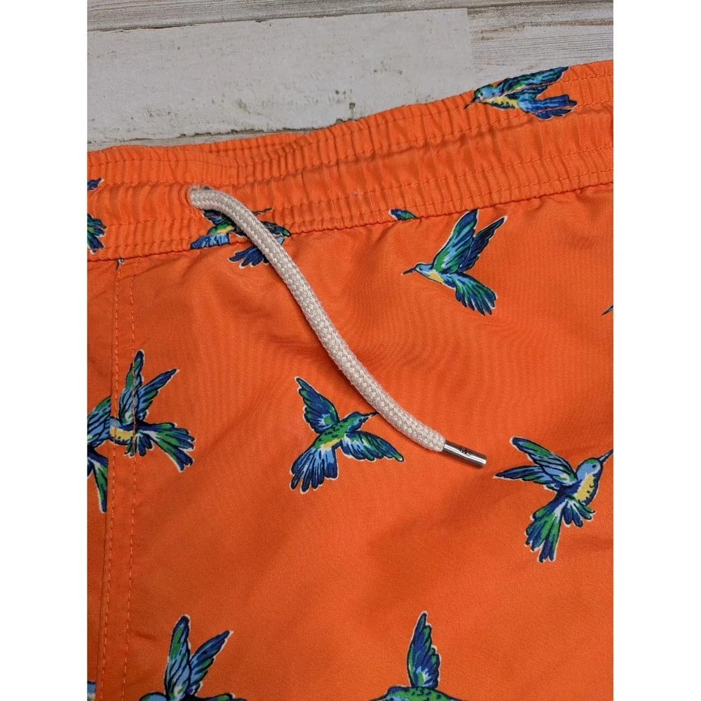 Polo Ralph Lauren Swim Trunks Mens M Hummingbird Print Orange Drawstring Beach